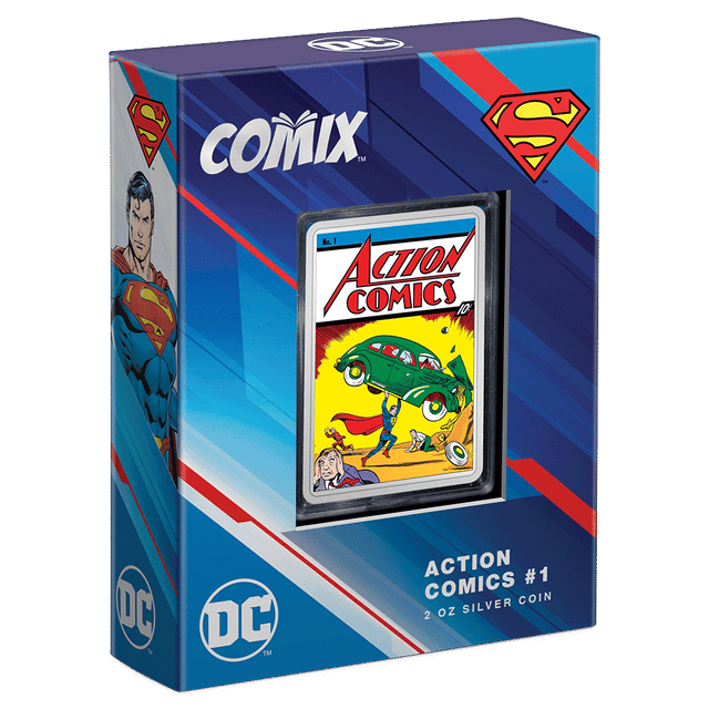 COMIX™ – Action Comics #1 2oz Silver Coin Featuring Custom Book-Style Packaging and Coin Specifications.  