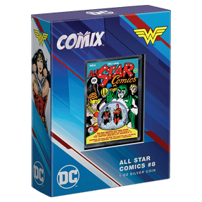 COMIX™ – All Star Comics #8 1oz Silver Coin with Custom-Designed Slide Out Box Featuring Display Window and Certificate of Authenticity Sticker.