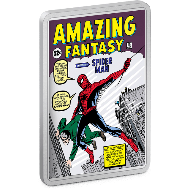 Made of 2oz pure silver, this COMIX™ Coin highlights the Amazing Fantasy #15 comic cover from 1962 – the first appearance of Spider-Man! The coin is crafted into a rectangular shape and vibrantly coloured to mimic the famous comic book. - New Zealand