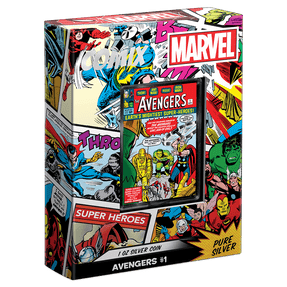COMIX™ – Marvel Avengers #1 1oz Silver Coin Featuring Custom Book-Style Packaging and Coin Specifications.  