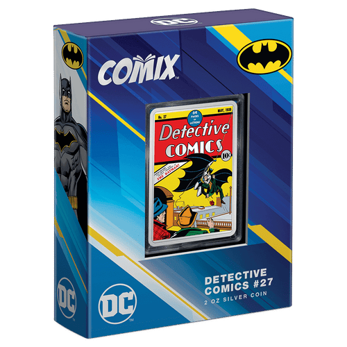 COMIX™ – Detective Comics #27 2oz Silver Coin Featuring Custom Book-Style Packaging with Printed Coin Specifications. 