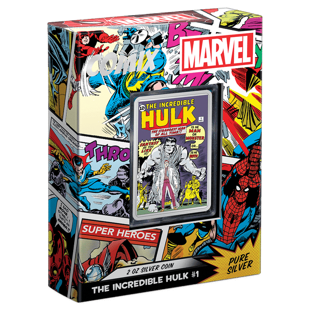 COMIX™ – Marvel The Incredible Hulk #1 2oz Silver Coin Featuring Slide Packaging with Coin Insert and Certificate of Authenticity Sticker and Coin Specs.