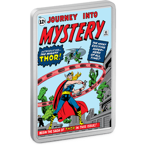 Experience the thrills of Thor’s origins! Displays a coloured image of the cover of the iconic 1962 comic book Journey into Mystery #83. Featuring Thor wielding his hammer. - New Zealand Mint