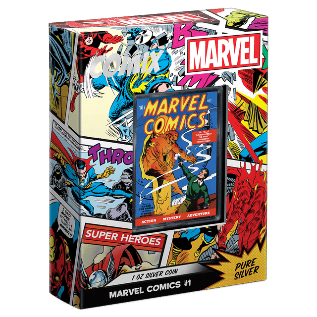 COMIX™ – Marvel Comics #1 1oz Silver Coin with Custom-Designed Slide Out Box Featuring Display Window and Certificate of Authenticity Sticker. 