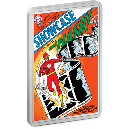 The first comic book in the Silver Age takes form in this 2oz pure silver coin. Displaying a coloured image of Showcase #4 (released in October 1956) on a rectangular coin, it features The Fastest Man Alive - THE FLASH™. Only 1,000 available! - New Zealand Mint