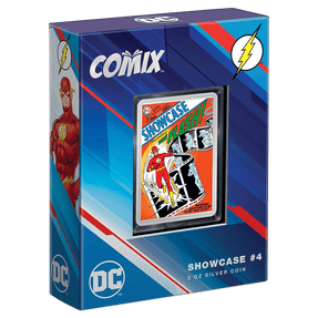 COMIX™ – Showcase #4 2oz Silver Coin Featuring Custom Book-Style Packaging and Coin Specifications. 