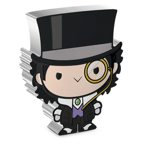 Gentleman of Crime, the PENGUIN™ brings his dark side on a 1oz pure silver Chibi® Coin. The design shows the PENGUIN wearing his classic tuxedo, top hat, monocle, white gloves, and spats — it’s got it all! Uniquely shaped and coloured.  - New Zealand Mint