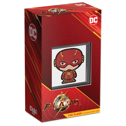 DC Comics - 2023 THE FLASH™ 1oz Silver Chibi® Coin Featuring Custom Packaging with Display Window and Certificate of Authenticity Sticker.