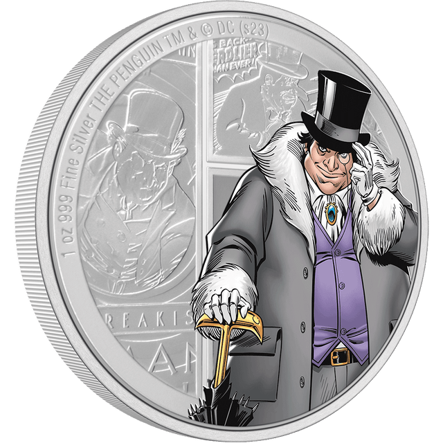 Part of our DC Villains series, this design highlights THE PENGUIN™ in colour sporting a cunning look and holding his signature umbrella. The background includes detailed engraving based on some of the villain’s iconic appearances in DC Comics. - New Zealand Mint