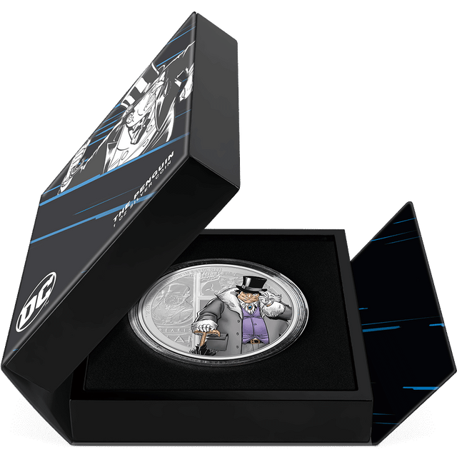 DC Villains – THE PENGUIN™ 1oz Silver Coin Featuring Book-style Packaging with Coin Insert and Certificate of Authenticity Sticker and Coin Specs.