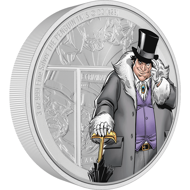 Includes a detailed design highlights a coloured image of the Gentleman of Crime sporting a cunning look and holding his signature umbrella. The background includes detailed engraving based on some of the villain’s iconic appearances in DC Comics. - New Zealand Mint