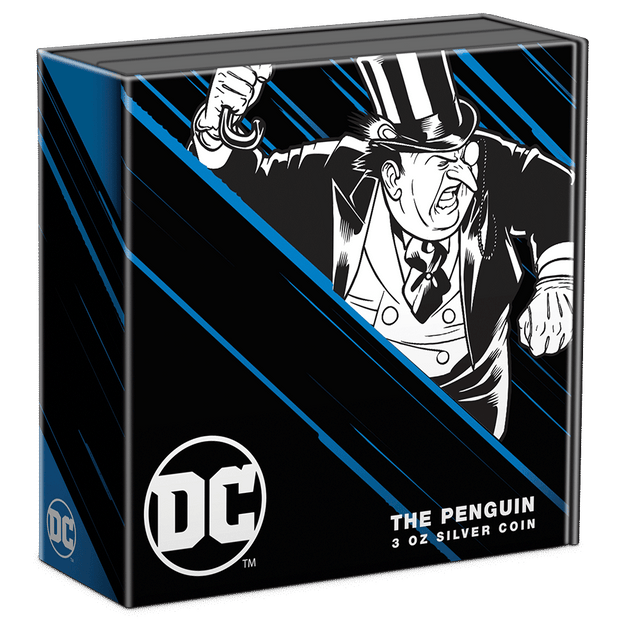 DC Villains – THE PENGUIN™ 3oz Silver Coin Featuring Custom Book-style Display Box With Brand Imagery.