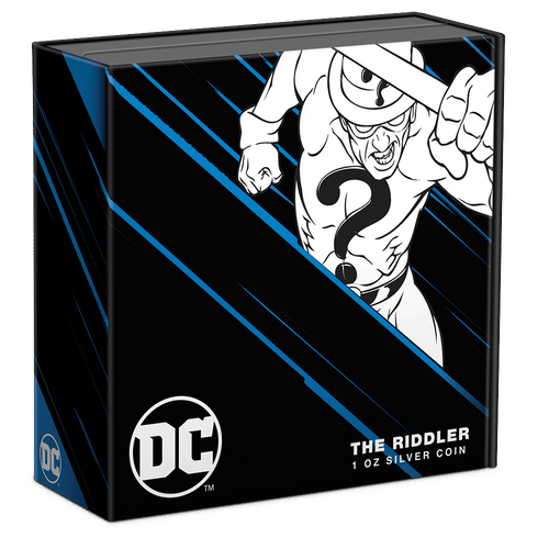 DC Villains – THE RIDDLER™ 1oz Silver Coin Featuring Custom Book-style Outer With Brand Imagery.
