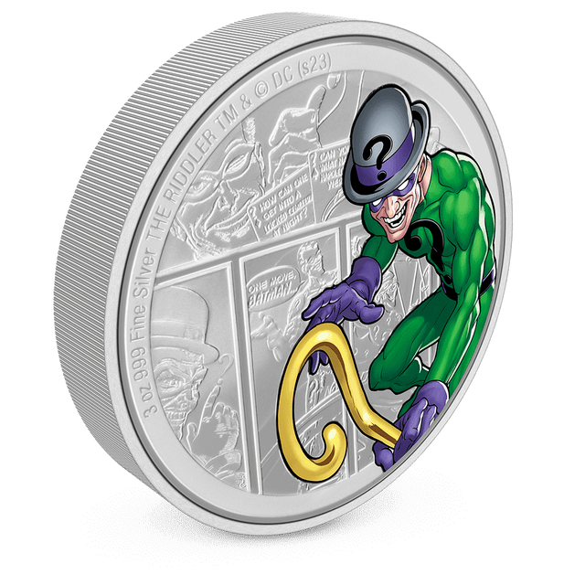 DC Villains – THE RIDDLER™ 3oz Silver Coin Featuring Milled Edge Finish.