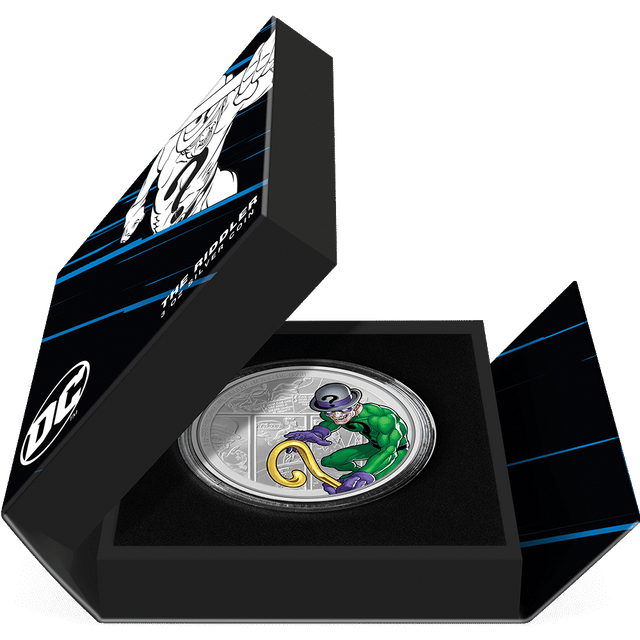 DC Villains – THE RIDDLER™ 3oz Silver Coin Featuring Book-style Packaging With Custom Velvet Insert to House the Coin.