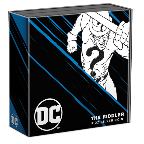 DC Villains – THE RIDDLER™ 3oz Silver Coin Featuring Custom Book-style Outer With Brand Imagery.