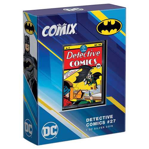 COMIX™ – Detective Comics #27 1oz Silver Coin Featuring Custom Book-Style Packaging and Coin Specifications. 