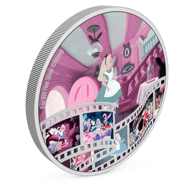 Disney Cinema Masterpieces – Alice in Wonderland 3oz Silver Coin with Milled Edge Finish. 