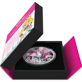 Disney Cinema Masterpieces – Alice in Wonderland 3oz Silver Coin Featuring Book-style Packaging with Coin Insert and Certificate of Authenticity Sticker and Coin Specs.