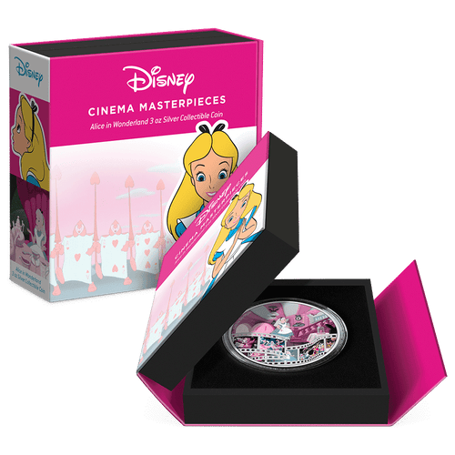 Disney Cinema Masterpieces – Alice in Wonderland 3oz Silver Coin Featuring Custom Book-Style Packaging and Specifications.  