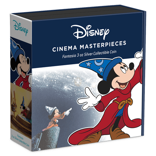 Disney Cinema Masterpieces – Fantasia 3oz Silver Coin Featuring Book-style Packaging with Coin Insert and Certificate of Authenticity Sticker and Coin Specs.