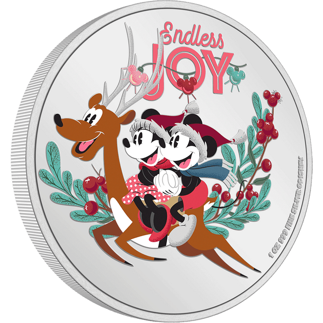 Be merry with Disney’s Mickey Mouse and Minnie Mouse! Minted in colour the design shows the adorable sweethearts sitting on a flying reindeer holding hands! The words ‘Endless Joy’ are featured above, which is exactly what this memento brings! - New Zealand Mint