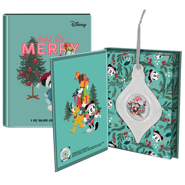 Disney Season’s Greetings 2023 1oz Silver Featuring Custom Book-style Display Box With Brand Imagery and Ribbon for Tree Hanging.