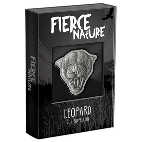 Fierce Nature – Leopard 2oz Silver Coin Featuring Custom Book-style Display Box With Brand Imagery.