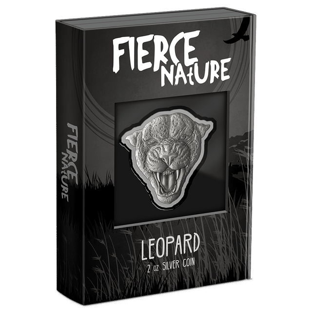 Fierce Nature – Leopard 2oz Silver Coin Featuring Custom Book-style Display Box With Brand Imagery.