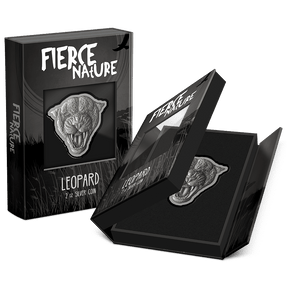 Fierce Nature – Leopard 2oz Silver Coin Featuring Custom Book-Style Packaging and Specifications. 
