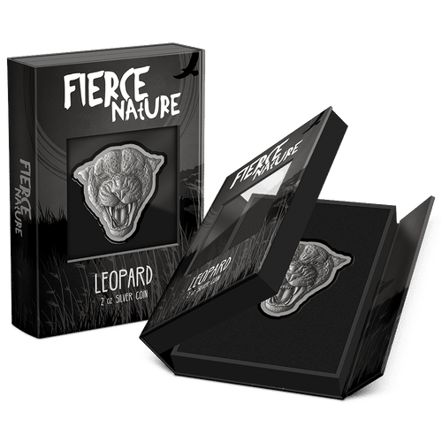 Fierce Nature – Leopard 2oz Silver Coin Featuring Custom Book-Style Packaging and Specifications. 