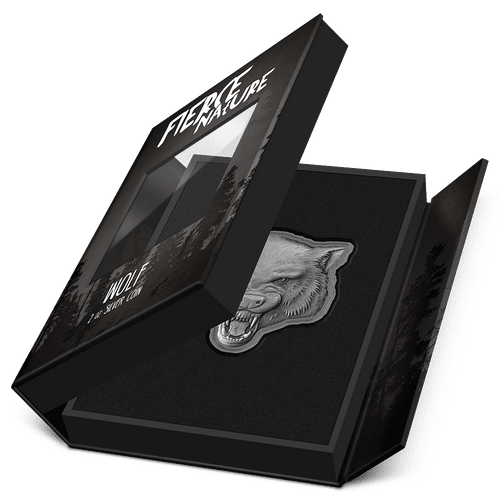 Fierce Nature – Wolf 2oz Silver Coin Featuring Book-style Packaging with Coin Insert and Certificate of Authenticity Sticker and Coin Specs.