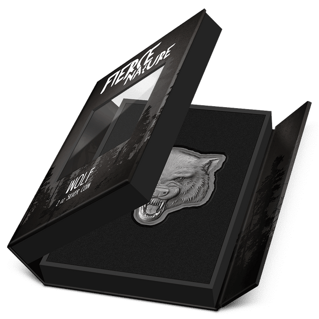 Fierce Nature – Wolf 2oz Silver Coin Featuring Book-style Packaging with Coin Insert and Certificate of Authenticity Sticker and Coin Specs.