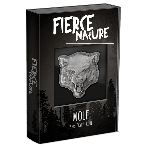 Fierce Nature – Wolf 2oz Silver Coin Featuring Custom Book-style Display Box With Brand Imagery.
