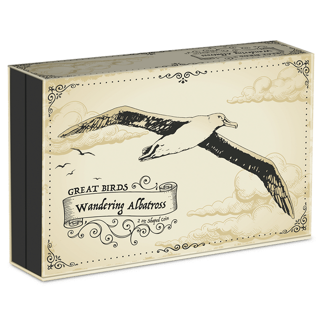 Great Birds – Wandering Albatross 2oz Silver Coin Featuring Custom Book-style Display Box With Brand Imagery.