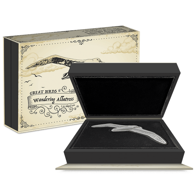 Great Birds – Wandering Albatross 2oz Silver Coin Featuring Custom Book-Style Packaging with Printed Coin Specifications. 