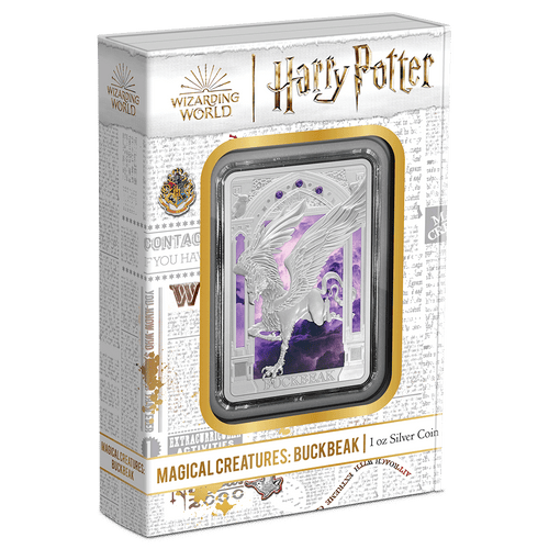 HARRY POTTER™ Magical Creatures – Buckbeak 1oz Silver Coin Featuring Custom Book-style Display Box With Brand Imagery. 