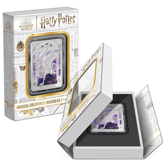 HARRY POTTER™ Magical Creatures – Buckbeak 1oz Silver Coin Featuring Custom Book-Style Packaging and Coin Specifications. 