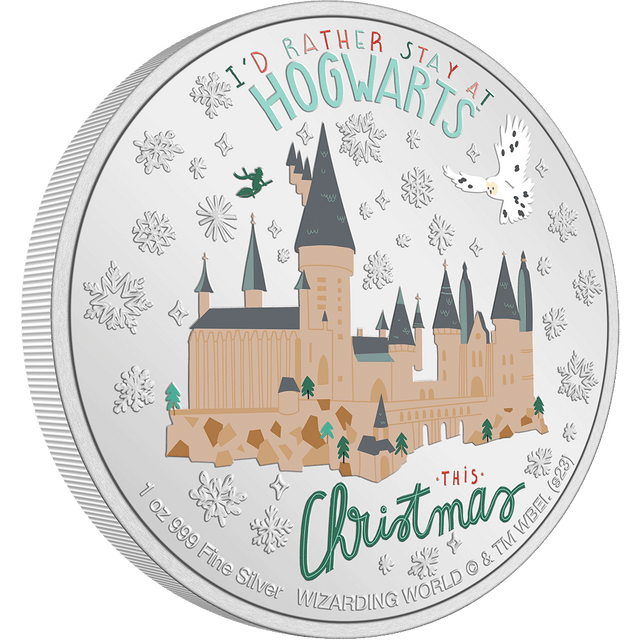 Journey to a magical Christmas at Hogwarts™ with our Season’s Greetings collectible. Engraved are the words “I’d Rather Stay At Hogwarts This Christmas”. The design also includes imagery of snowflakes and Hedwig the owl flying above the castle. - New Zealand Mint