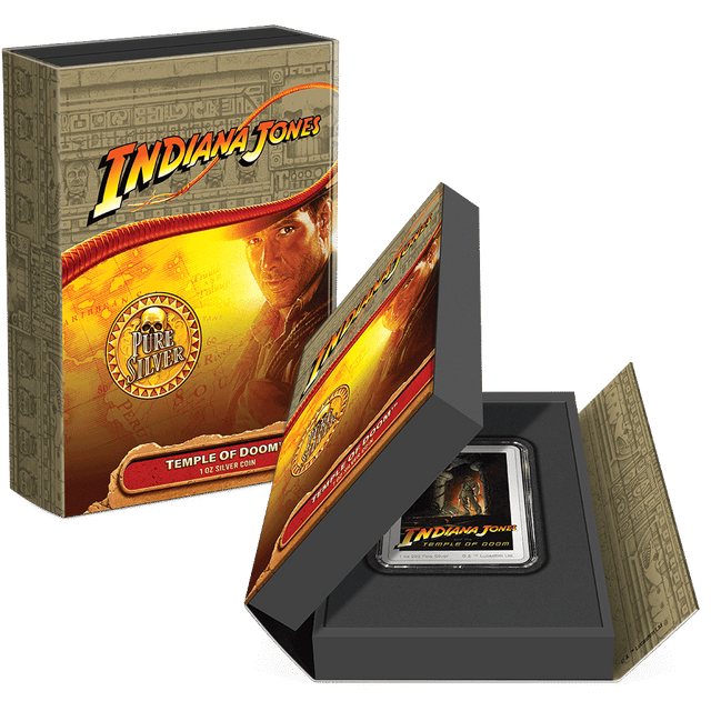 Indiana Jones and the Temple of Doom 1oz Silver Coin Featuring Custom Book-Style Packaging and Coin Specifications. 