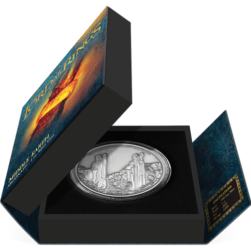 THE LORD OF THE RINGS™ – Argonath 1oz Silver Coin Featuring Book-style Packaging with Coin Insert and Certificate of Authenticity Sticker and Coin Specs.