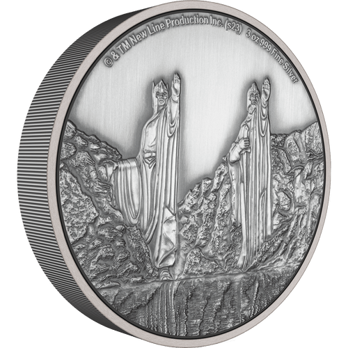 Part of our THE LORD OF THE RINGS™ Middle-earth series this coin is fully engraved and antiqued and presents an expansive view of the mighty Argonath in Gondor. Made of 3oz pure silver, it's an impressive 55mm in diameter! - New Zealand Mint