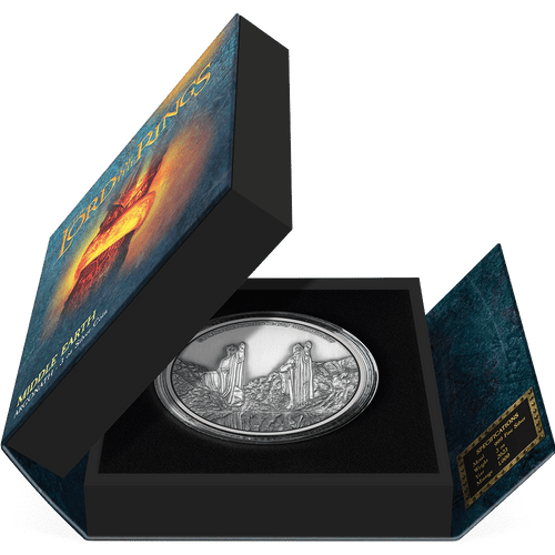 THE LORD OF THE RINGS™ – Argonath 3oz Silver Coin Featuring Book-style Packaging with Coin Insert and Certificate of Authenticity Sticker and Coin Specs. 