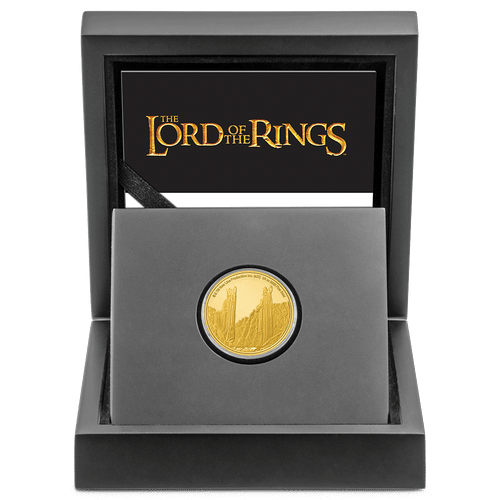 THE LORD OF THE RINGS™ – Argonath 1/4oz Gold Coin with Custom Designed Wooden Box with Display Ledge.