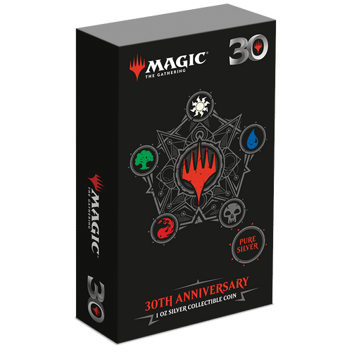 Magic: the Gathering 30th Anniversary 1oz Silver Coin Featuring Custom-Designed Outer Box With Brand Imagery.