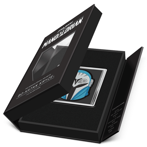 The Mandalorian™ Helmets – Bo-Katan Kryze™ 1oz Silver Coin Featuring Book-style Packaging with Coin Insert and Certificate of Authenticity Sticker and Coin Specs.