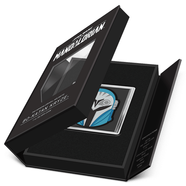 The Mandalorian™ Helmets – Bo-Katan Kryze™ 1oz Silver Coin Featuring Book-style Packaging with Coin Insert and Certificate of Authenticity Sticker and Coin Specs.