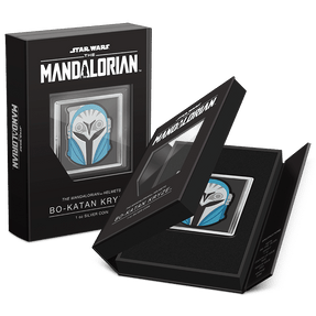 The Mandalorian™ Helmets – Bo-Katan Kryze™ 1oz Silver Coin Featuring Custom Book-Style Packaging with Printed Coin Specifications.  