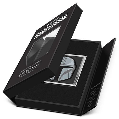 The Mandalorian™ Helmets – Din Djarin™ 1oz Silver Coin Featuring Book-style Packaging with Coin Insert and Certificate of Authenticity Sticker and Coin Specs.
