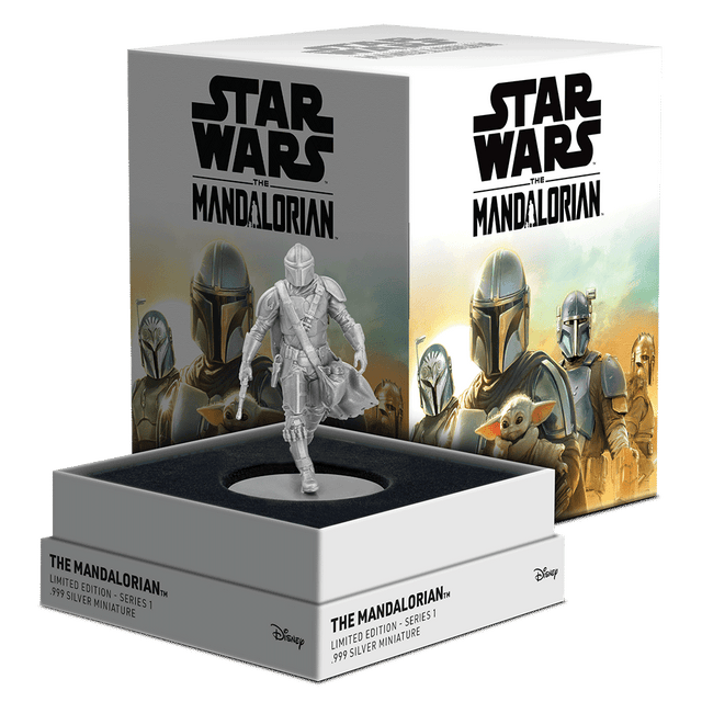 The Mandalorian™ – Series 1 150g Silver Miniature Featuring Custom Packaging With Velvet Insert to House the Cast. 